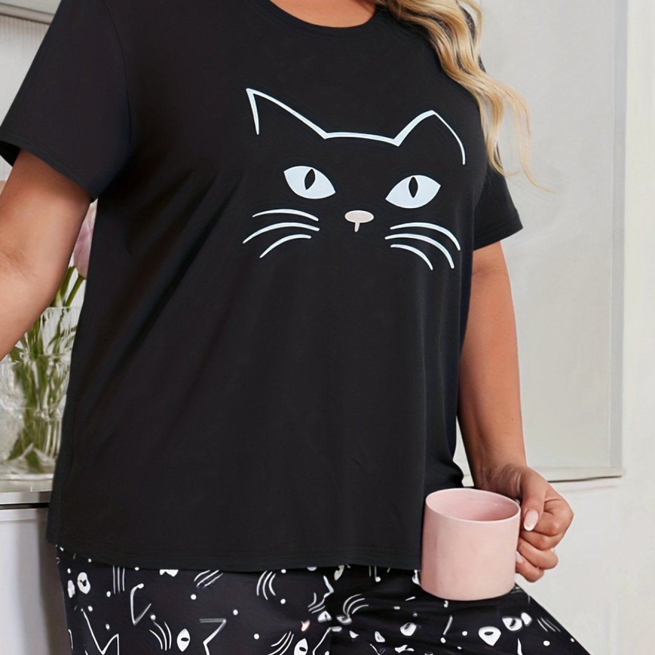 TEMU T-shirt graphique visage de chat original, design amusant et ludique, parfait pour des chats, T-shirt confortable