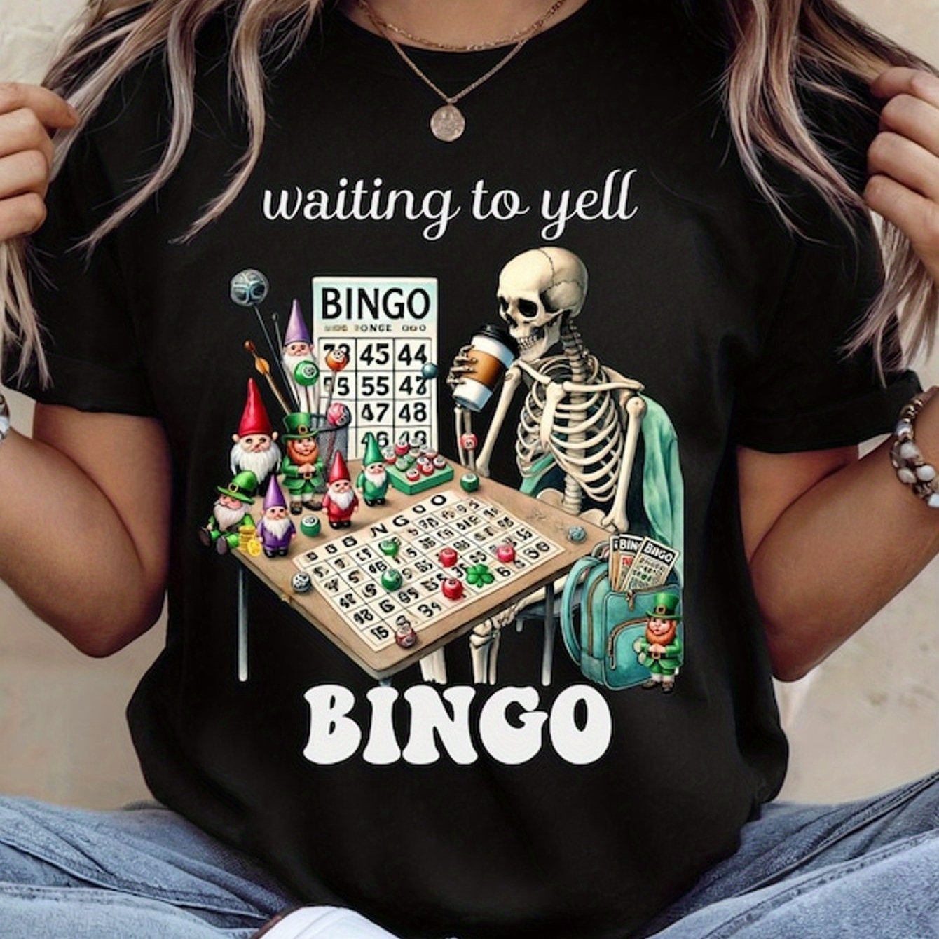 TEMU T-shirt graphique "Waiting To Yell Bingo", cadeau pour les passionnés de bingo, tenue décontractée de tous
