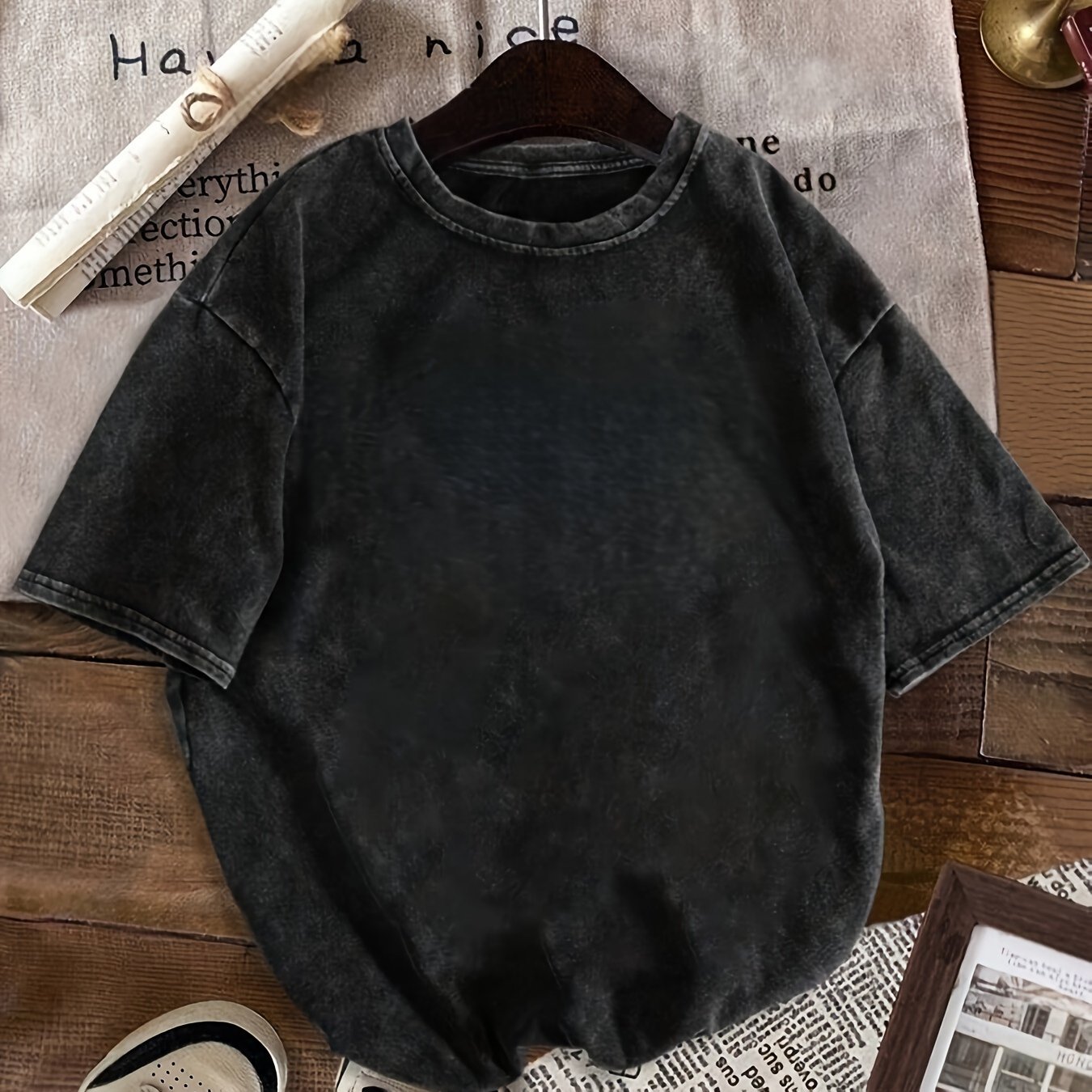 TEMU Summer Unisex Trendy Drop Shoulder Sleeve High Quality Heavyweight Plus Size Vintage Distressed Washed Crew Neck T Shirt, Street Style Loose Fit