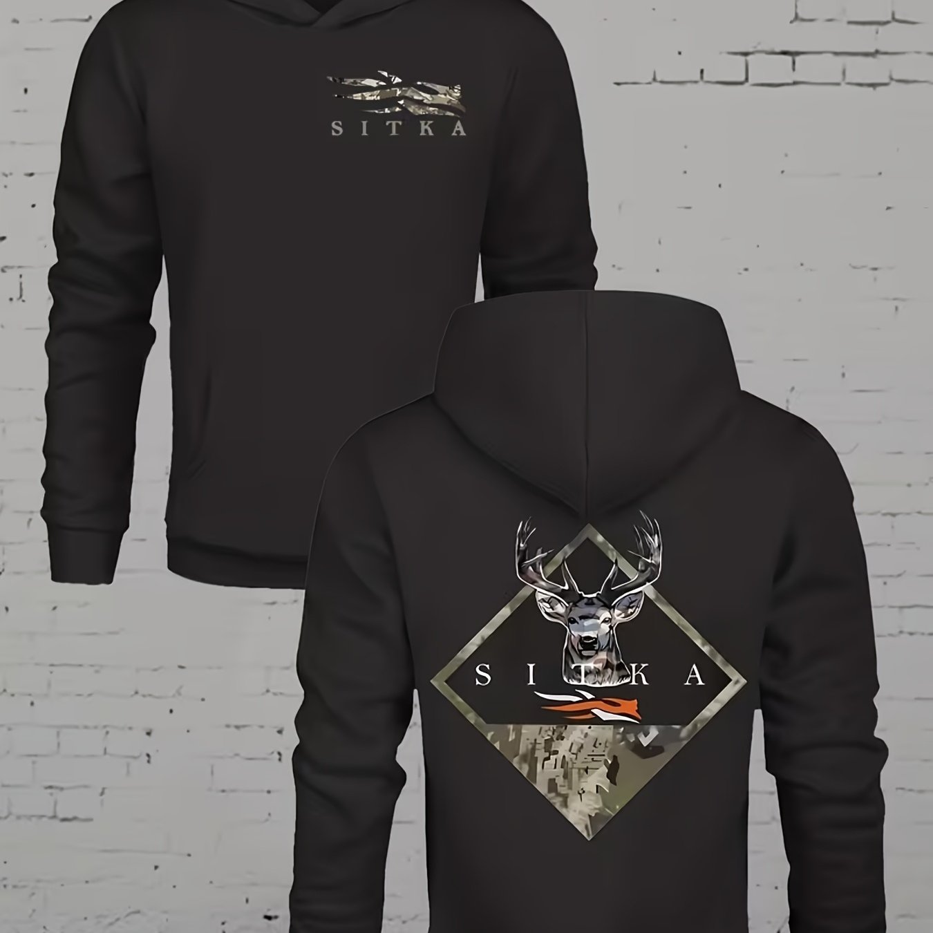 TEMU Sweat à capuche pour homme avec motif graphique tête de cerf camouflage et diamant, pull épais 250g avec poches , sweat à capuche unisexe avec