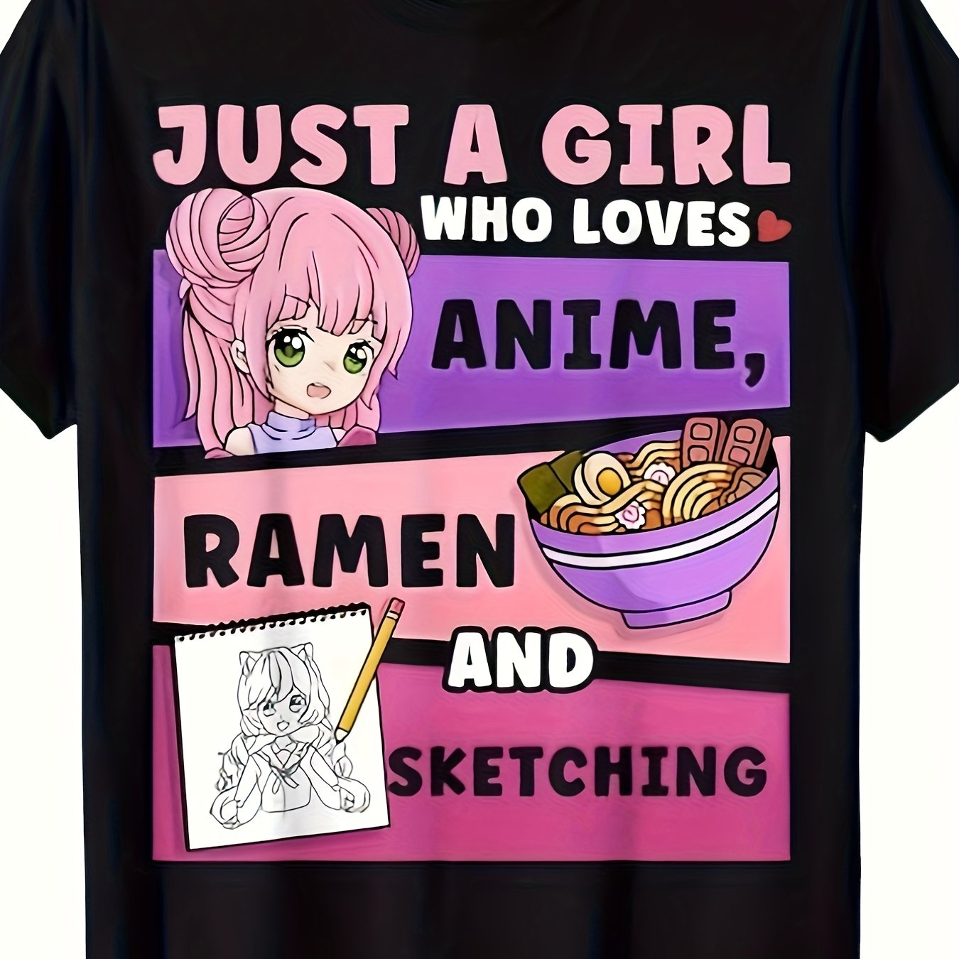 TEMU Who Anime, Ramen, And Sketching Unisex T-shirt – Black Short-sleeve Crew Neck , Perfect For , Fun Graphic Tee, Relaxed Fit | Anime Lover T-shirt