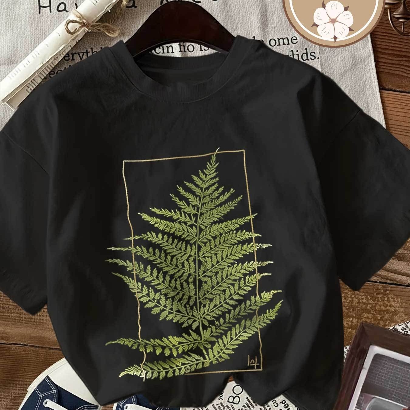 TEMU T-shirt Vintage à Motif Graphique de Fougère , Cadeau pour Amoureux des Plantes, Tenue Décontractée de Tous