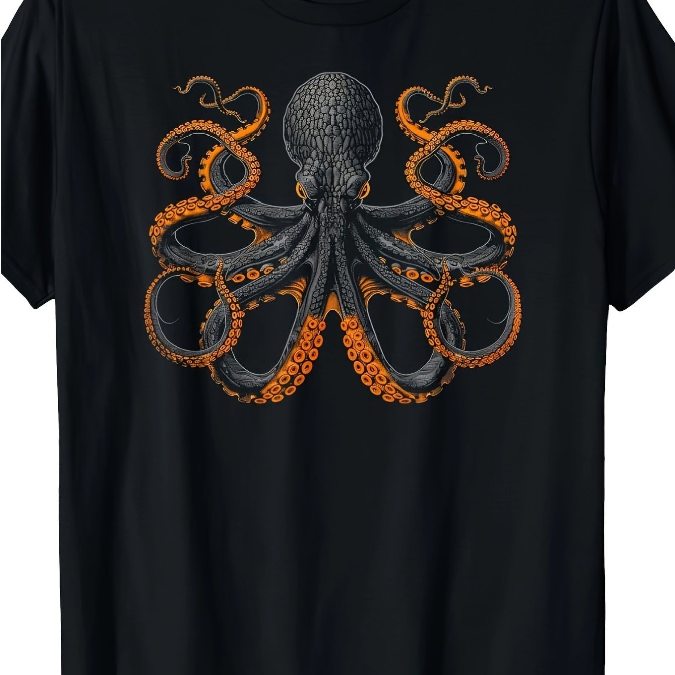 TEMU Unisex Casual Printed T-shirt (vibrant With Detailed ) – Black Short-sleeve Crew Neck Summer Essential, Relaxed Fit | Ocean-inspired T-shirt |