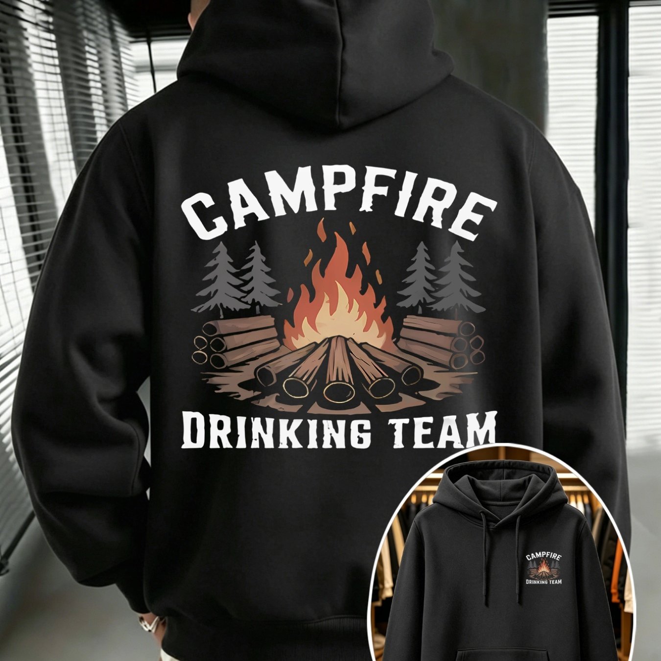 TEMU Men's Casual All Match Pullover Hooded Sweatshirt Bonfire Camping Drinking Team Double Sided Pattern Print Adjustable Drawstring Windproof Hood