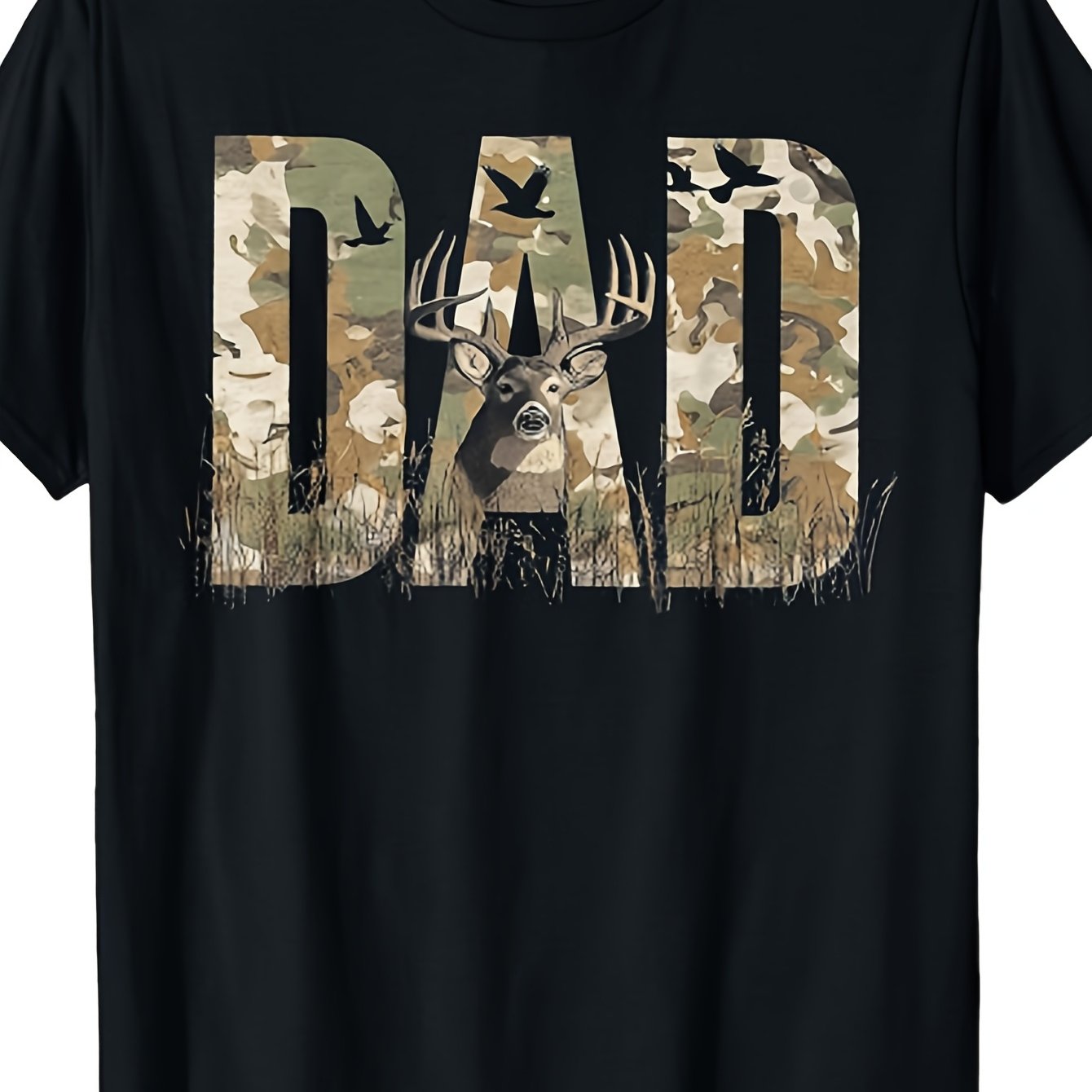 TEMU T-shirt décontracté unisexe imprimé (motif papa camouflage avec cerf et oiseaux) – Noir, manches courtes, col ras du cou, style , , coupe