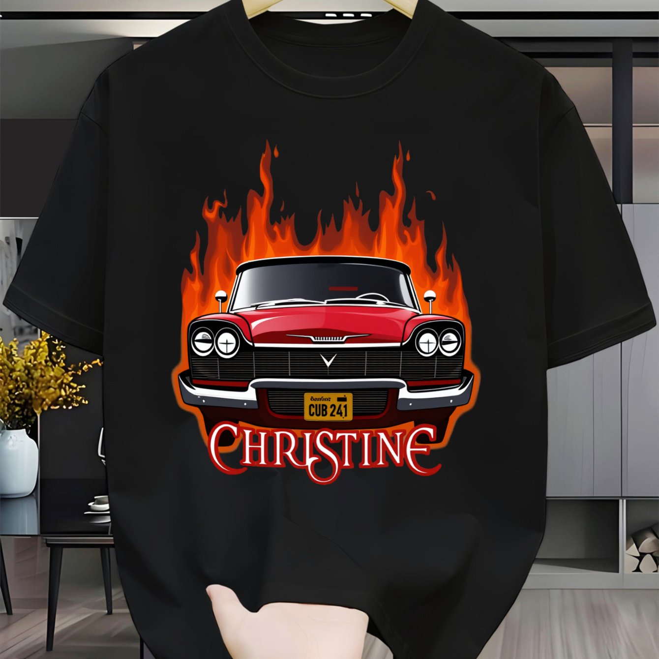 TEMU T-shirt Fantaisie Voiture (Hot Rod Rouge Vintage avec Flammes) – Noir à Manches Courtes et Col Ras du Cou Style d'Été, Ambiance Rétro, Coupe