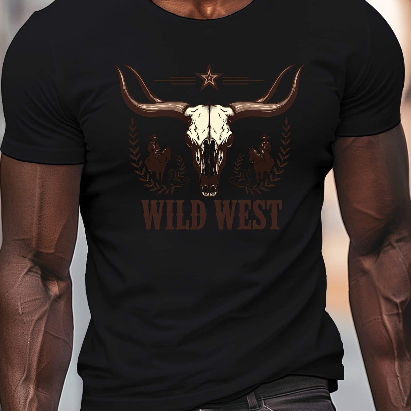 TEMU Unisex Casual Printed T-shirt (wild West Skull Design) – Black Short-sleeve Crew Neck Summer Style, Trendy Essential, Relaxed Fit | Cowboy