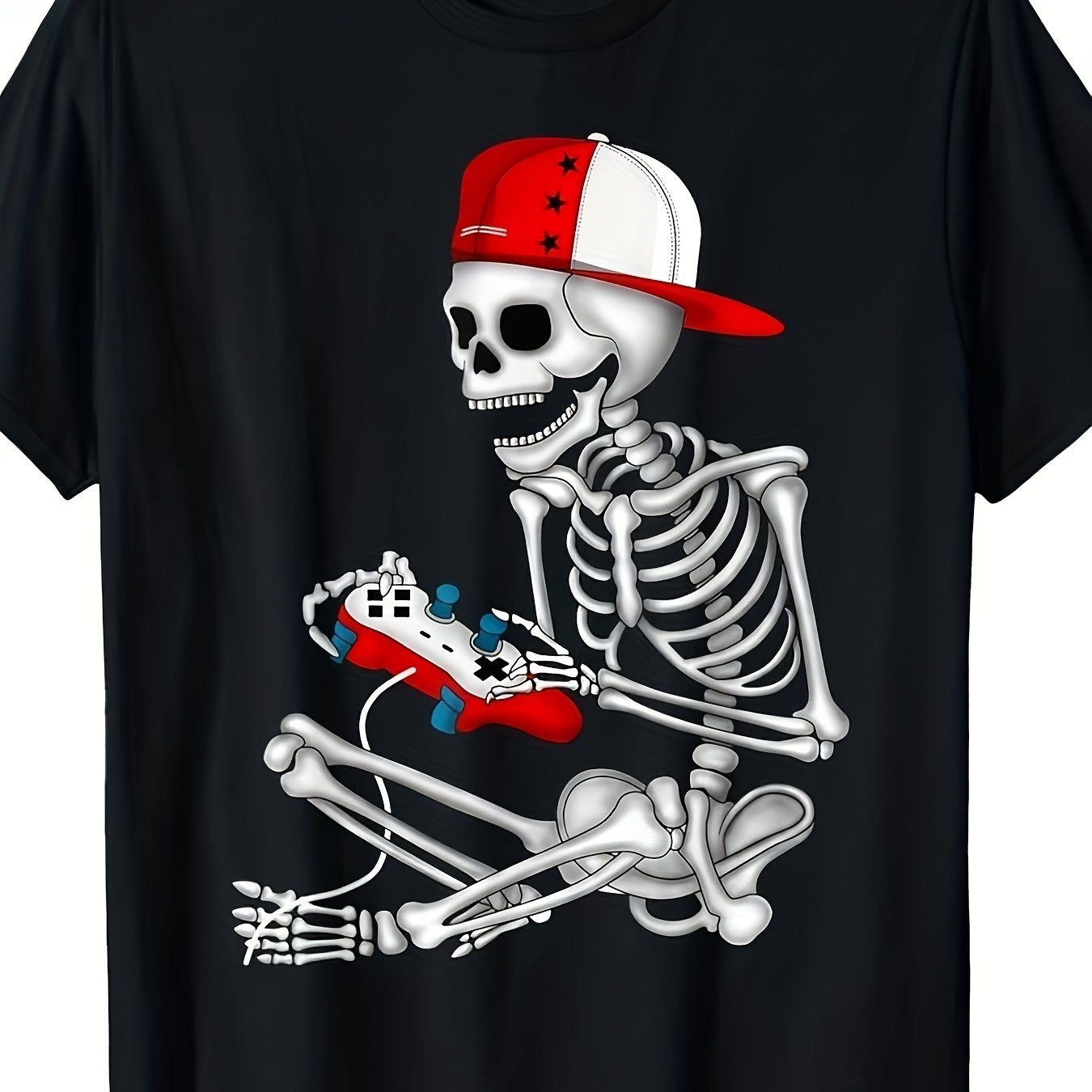 TEMU Men's Big Tall Heavyweight Retro Gaming Tshirt Vintage (for All) Skeleton Gamer Graphic Machine Washable Black Video Game Shirt For Halloween