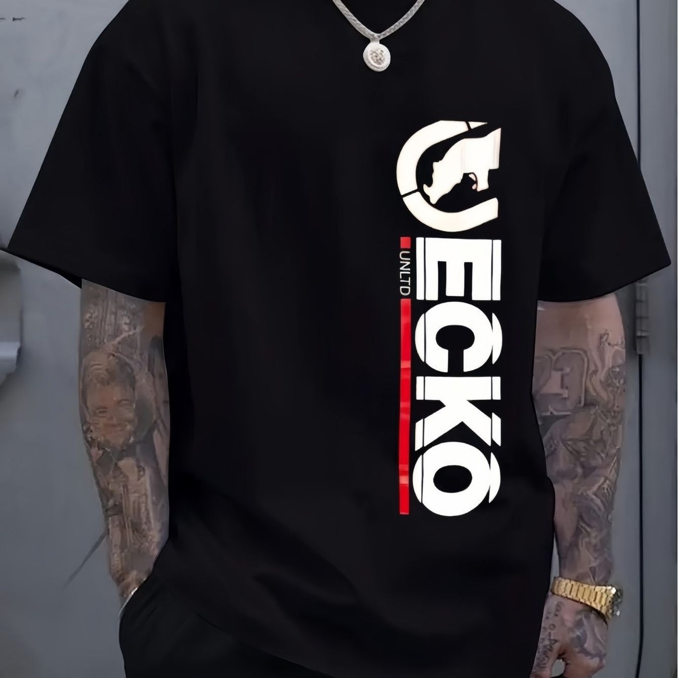 TEMU T-shirt streetwear graphique noir pour homme avec imprimé , logo tête de chien, texte UNITED rouge, col rond, manches courtes, haut décontracté