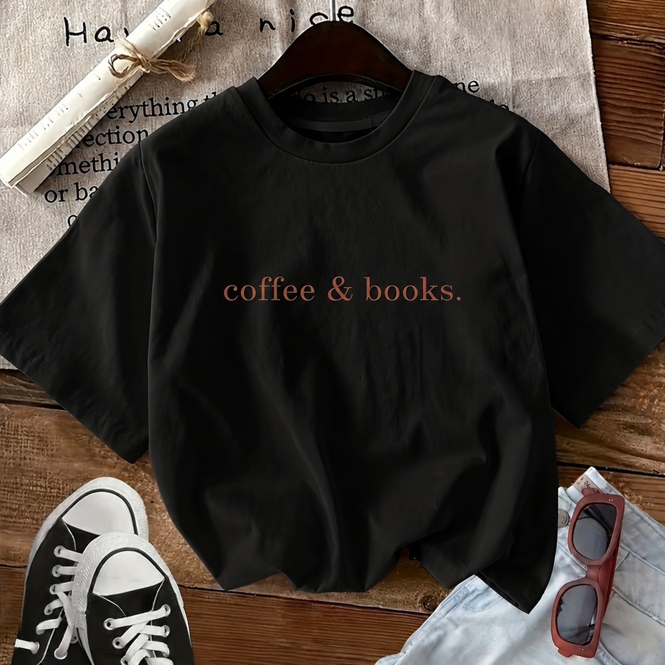 TEMU T-shirt Cadeau Graphique Café & Livres pour Amateurs de Café et de Livres, Style Décontracté de Tous