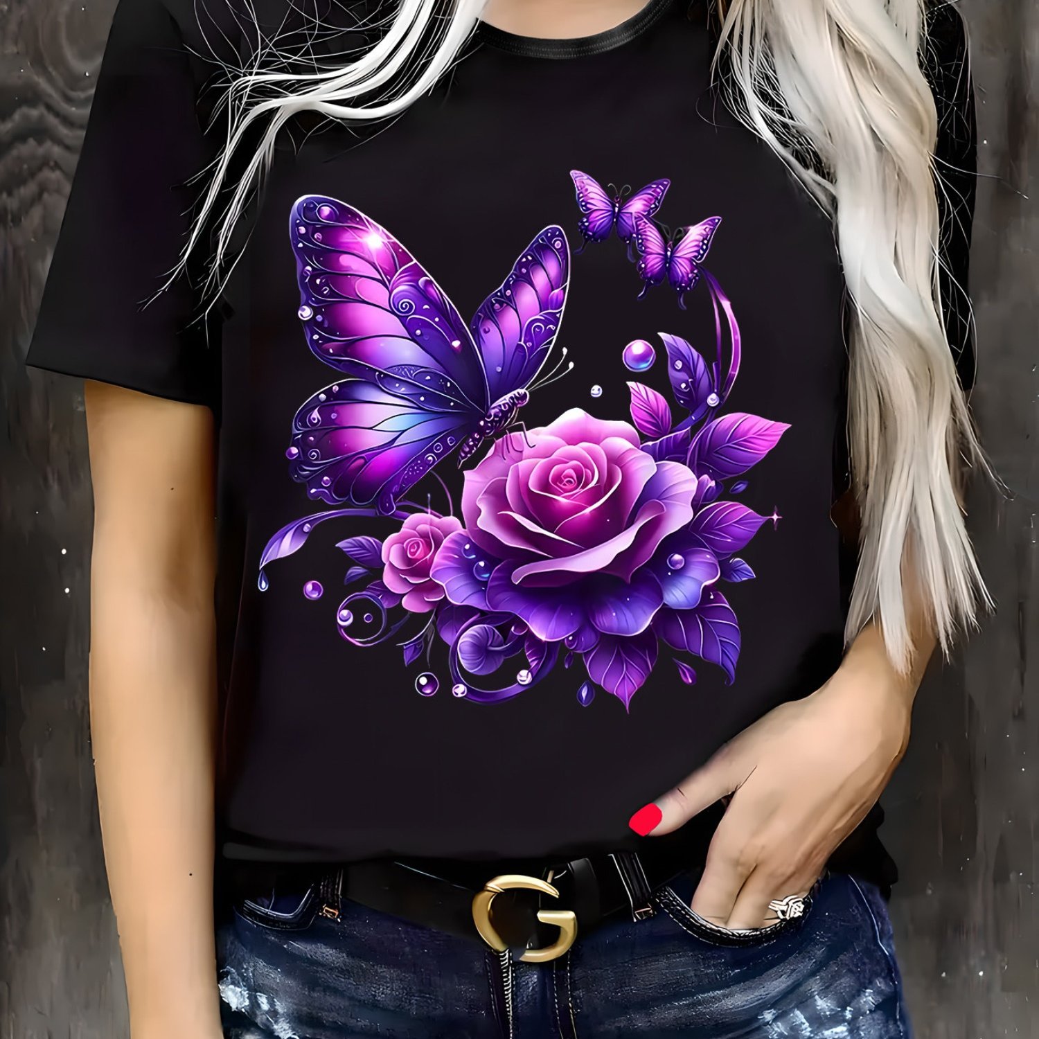 TEMU T-shirt unisexe décontracté imprimé (Motif papillon violet et rose) – T-shirt noir à manches courtes et col rond, style été, floral, coupe