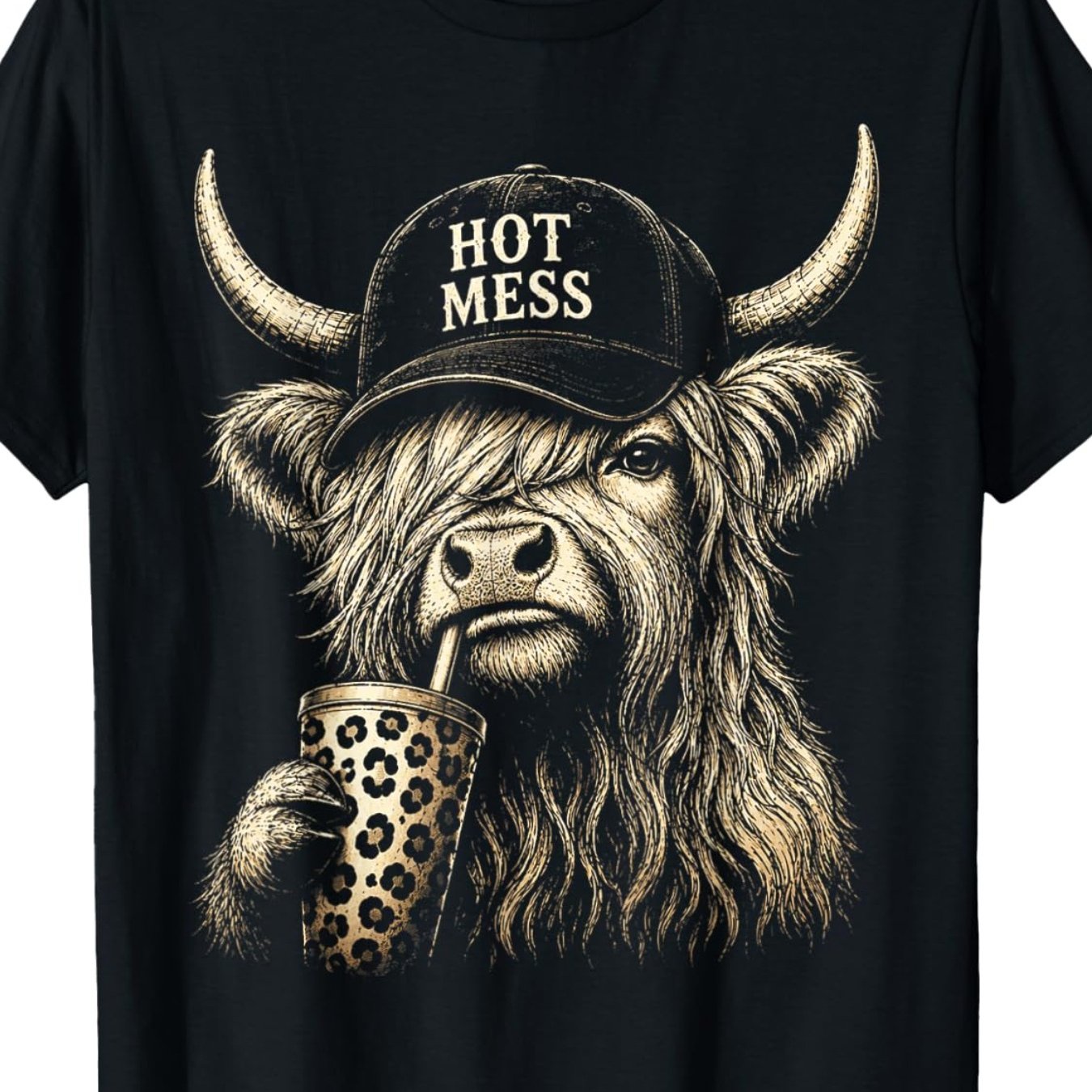 TEMU T-shirt humoristique pour homme et femme avec vache Highland et café, motif graphique d'impression de vache écossaise, convient aux amateurs de