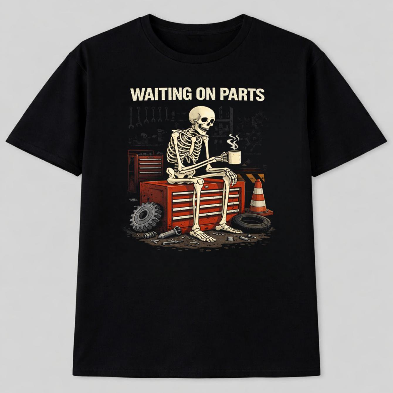 TEMU Waiting On Parts Unisex Graphic T-shirt (skeleton Mechanic Design) – Black Short-sleeve Crew Neck , Humorous Essential For , Relaxed Fit | Funny