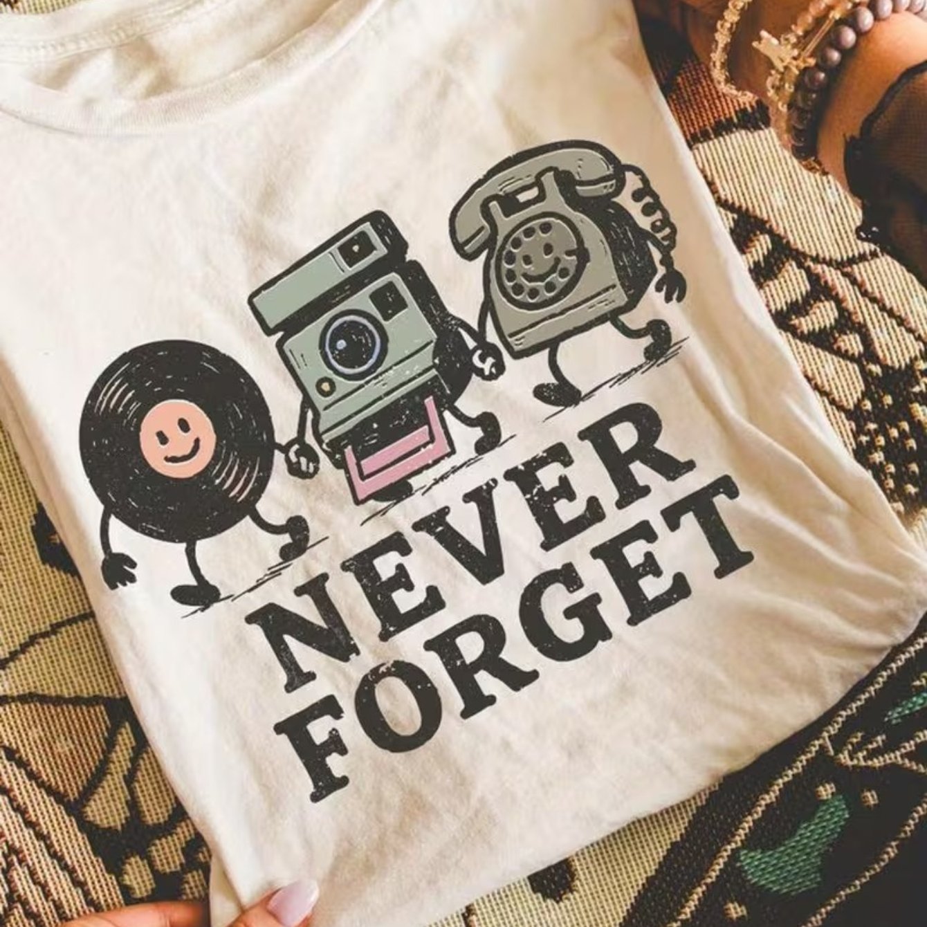 TEMU Retro Nostalgia Cartoon T-shirt (vinyl, Camera, And Telephone Characters) – Cream Short-sleeve Crew Neck Summer Style, Fun And Casual Essential,