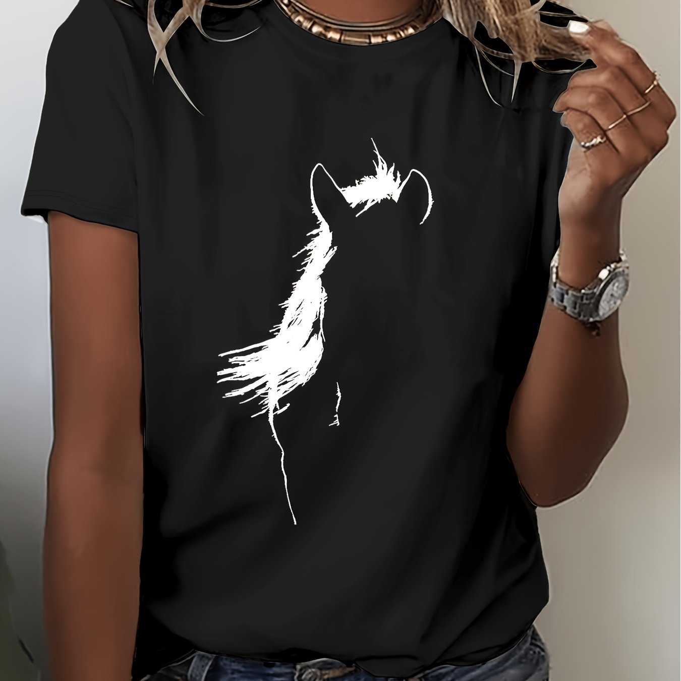 TEMU Women's Casual Long Sleeve Crew Neck T-shirt Graphic Print Medium Washable Top For Spring Summer Fall Regular Fit Animal Applique Design Ladies