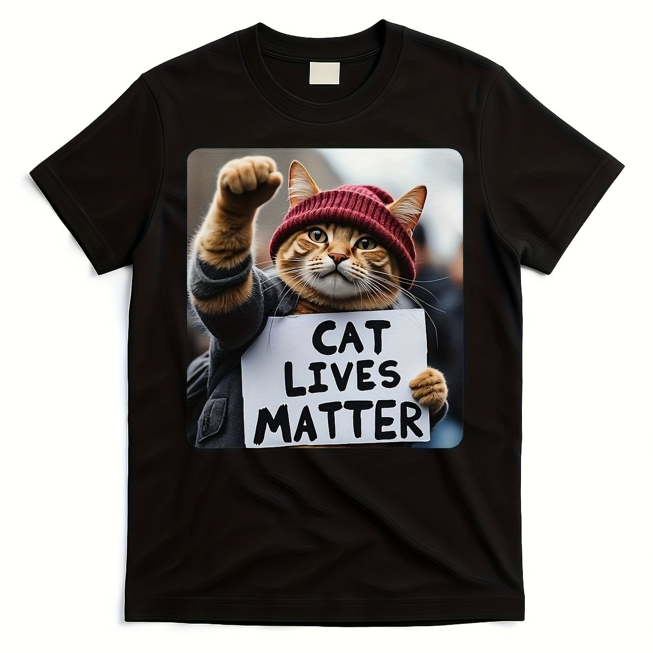 TEMU T-shirt unisexe décontracté à imprimé (Défenseur des félins avec panneau) – Noir à manches courtes et col ras du cou, style été, amusant, coupe