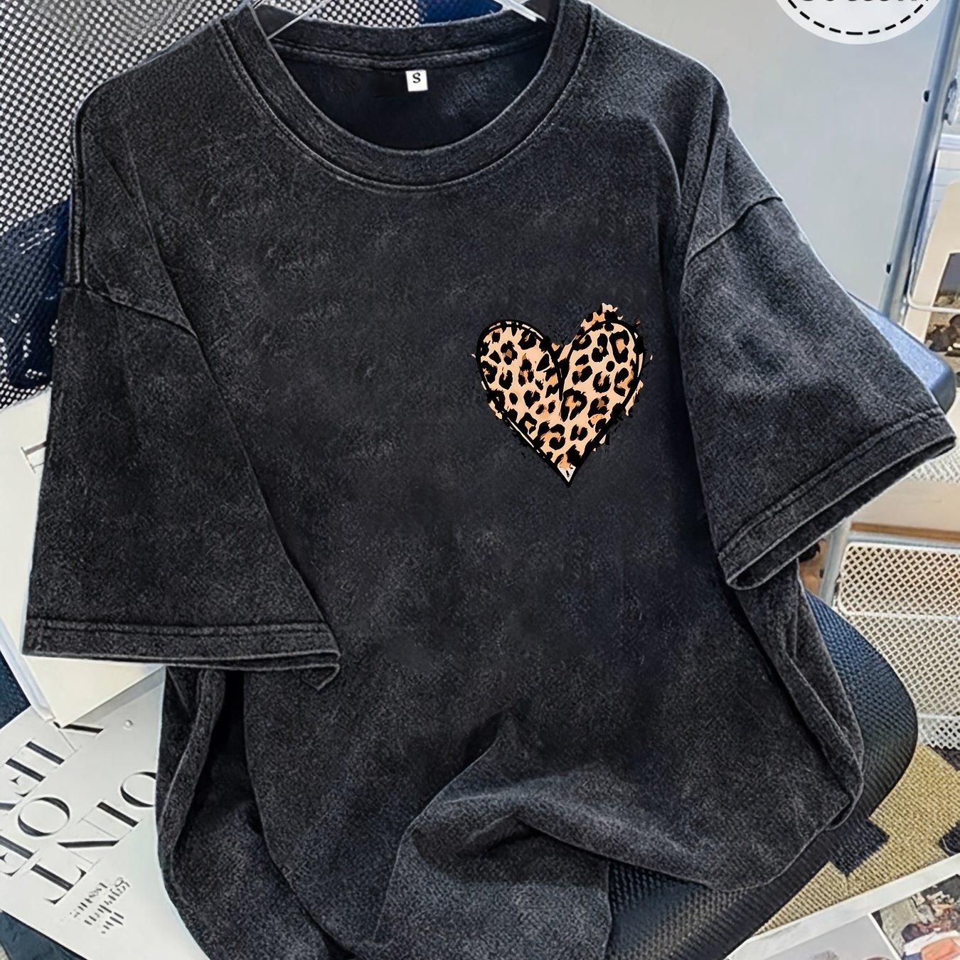 TEMU 100% Cotton, Vintage Style Streetwear Washed T Shirt With A Retro Wash Technique Featuring An Ins This Short Sleeve Washed T Shirt Has A Leopard
