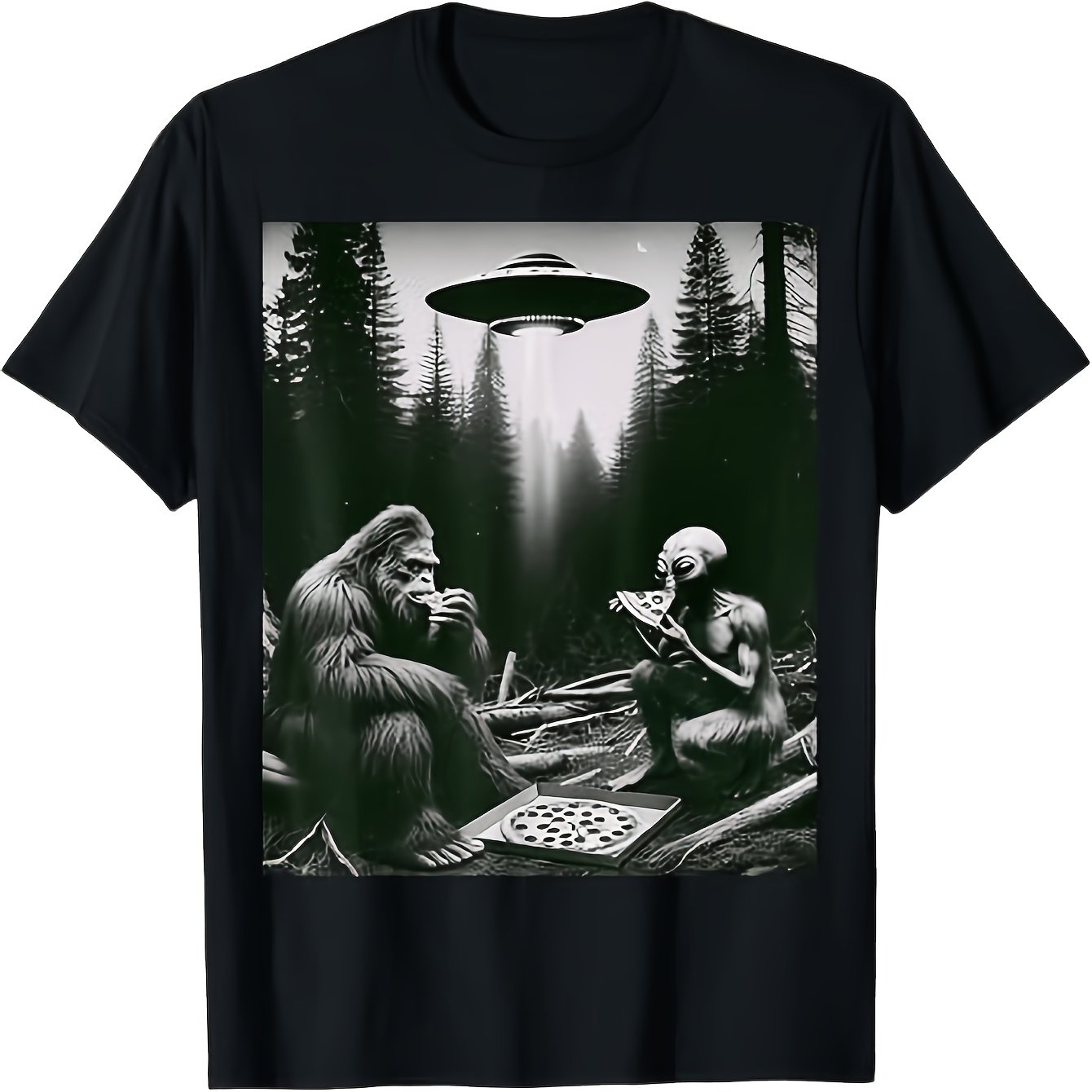TEMU T-shirt à manches courtes pour homme 100% coton avec un graphique de fête de pizza Sasquatch et . Ce t-shirt unisexe coupe régulière comprend un