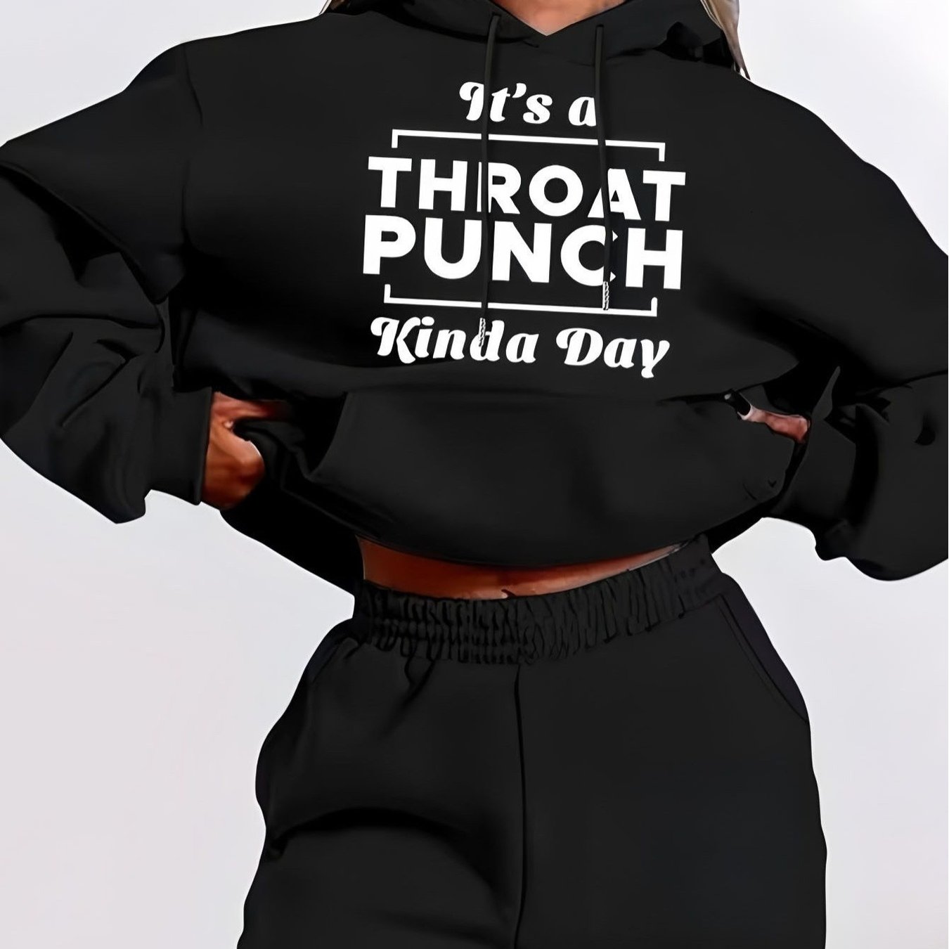 TEMU C'est un DAY TO PUNCH LA GORGE de type, un sweat à capuche court noir, élégant et décontracté, avec un texte blanc pour un usage confortable,