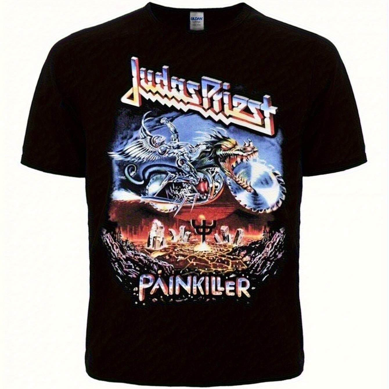 TEMU T-shirt Graphique (Design Priest ) – Noir, Manches Courtes, Col Rond , pour les Fans de Musique, Coupe Confortable | T-shirt Imprimé Heavy Metal