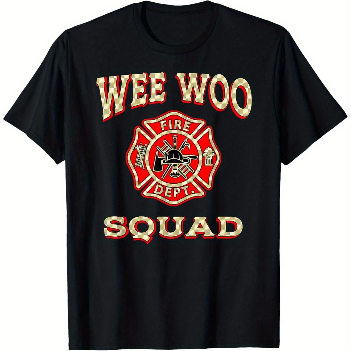 TEMU T-shirt Wee Woo Squad des Pompiers – Modèle noir à manches courtes et col ras du cou, parfait pour décontractées, impression graphique unique,