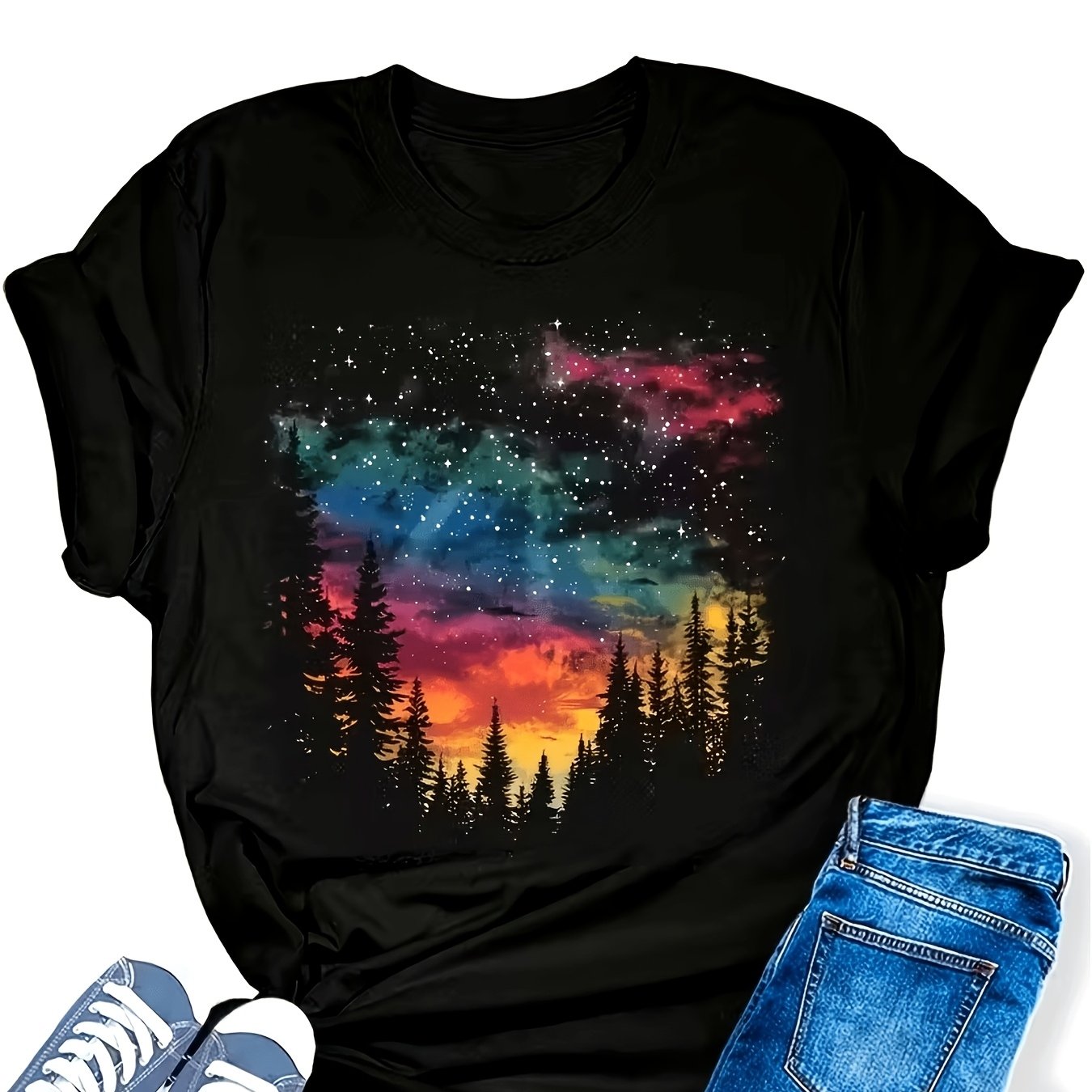 TEMU T-shirt décontracté pour femme avec imprimé de paysage, parfait pour les vacances et les tenues décontractées, avec col ras du cou et manches