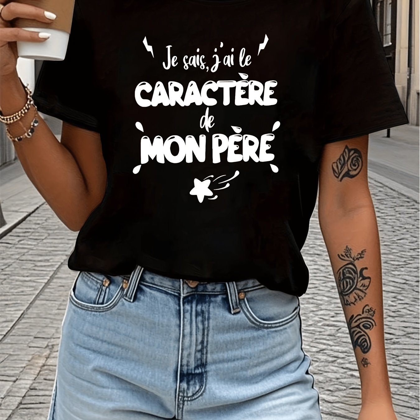 TEMU T-shirt noir à manches courtes et imprimé pour femme, ample et décontracté, idéal pour et l'été, avec un slogan humoristique en argot français :