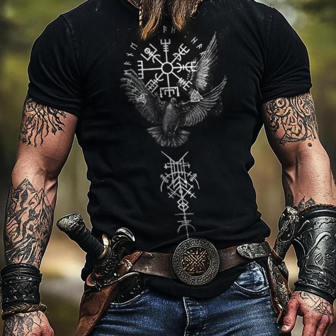 TEMU Unisex Edgy Graphic T-shirt (viking Symbols And Winged Designs) – Black Short-sleeve Crew Neck Summer Style, Casual Essential, Relaxed Fit |