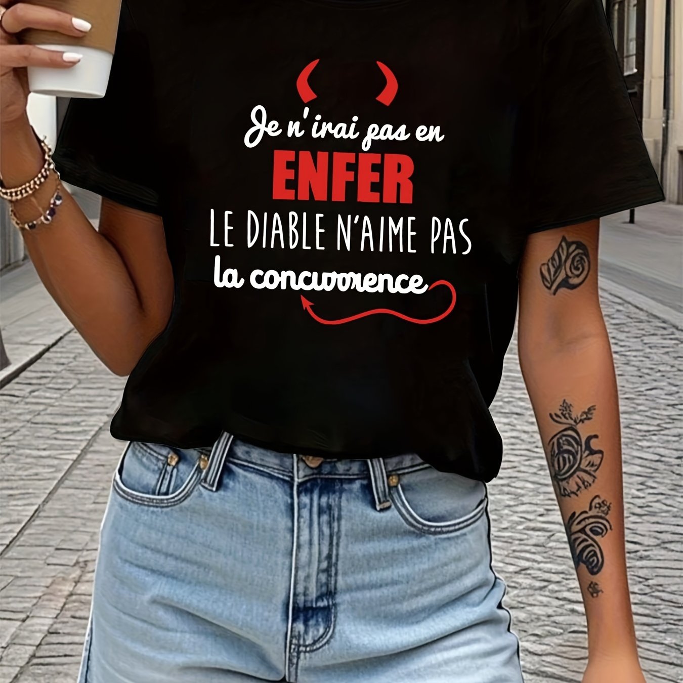 TEMU French Quote Devil Horns Tail Print Gothic Plus Size Short Sleeve T Shirt Women's Big Size Comfy Chic Top Street For Curvy Daily Wear Casual