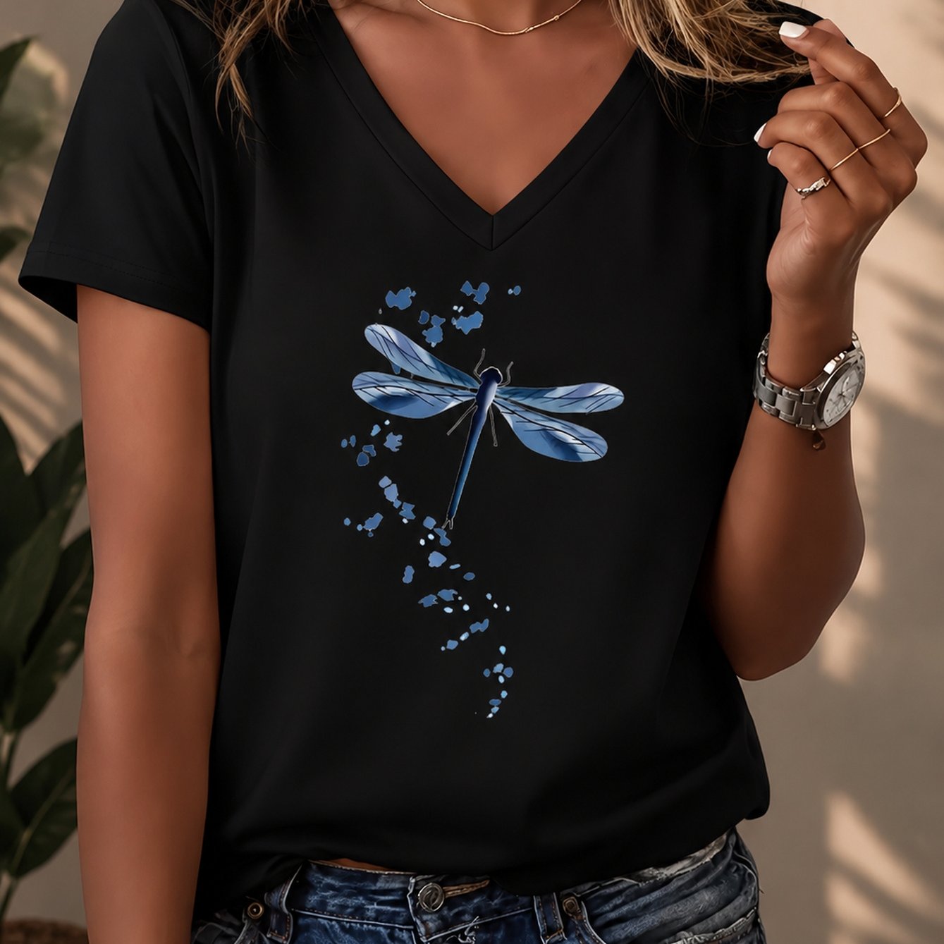 TEMU Dragonfly V-neck T-shirt, Artistic And Unique, Perfect Everyday Wear