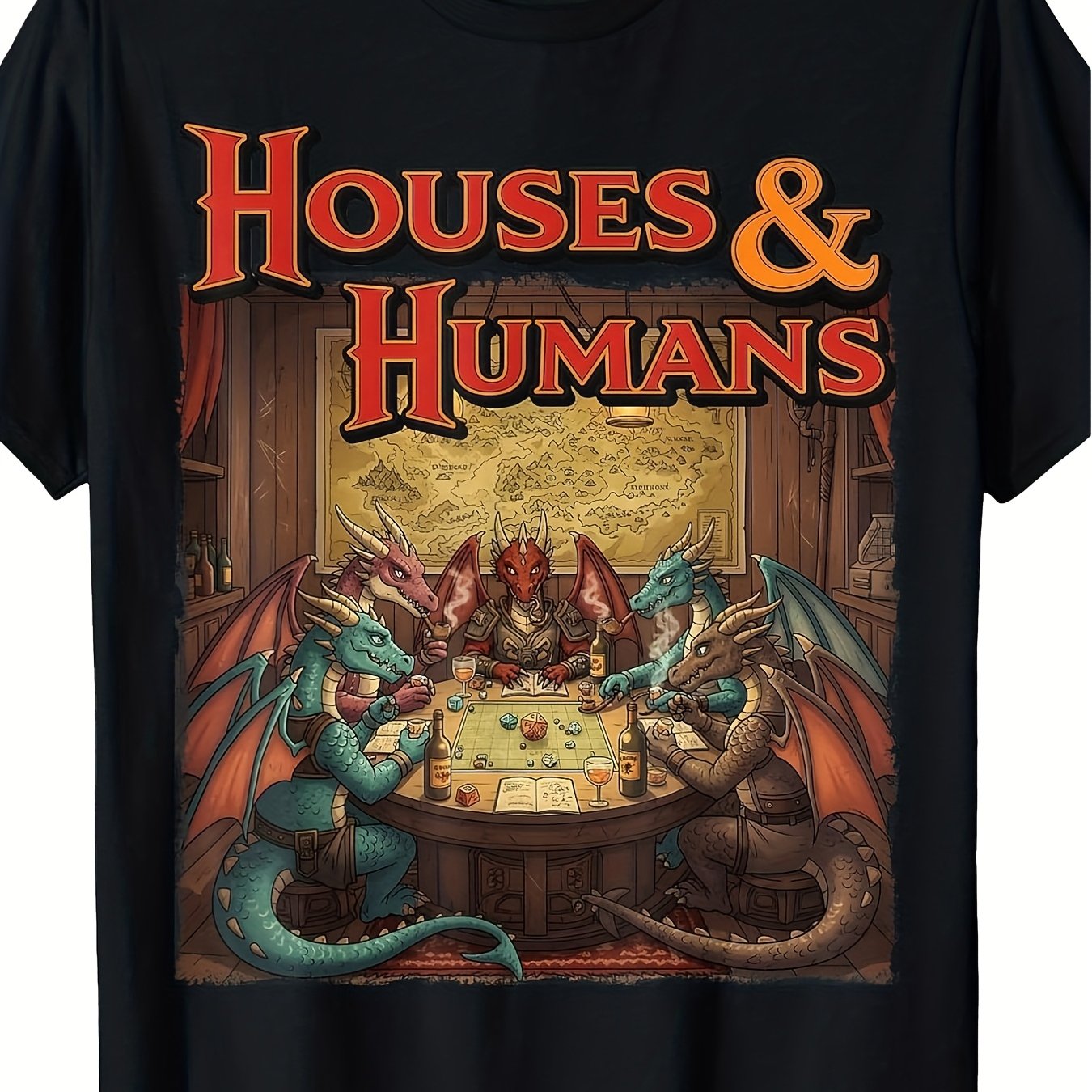 TEMU Men's S' Houses Humans Rpg T Shirt Dd Inspired Tabletop Gaming With Dragon Wizard Card Symbols Soft Breathable 100 Retro Casual Shirt For Gamers