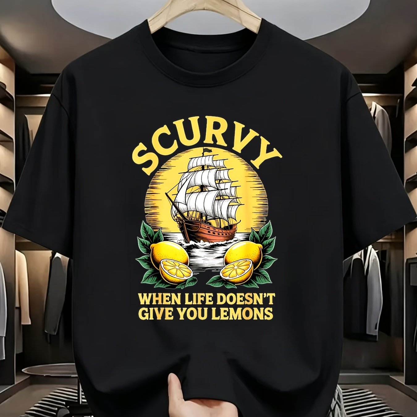 TEMU T-shirt Graphique Esprit Aventureux (Design Bateau et Citron) – Noir Manches Courtes Col Rond Style Été Décontracté Coupe Décontractée T-Shirt