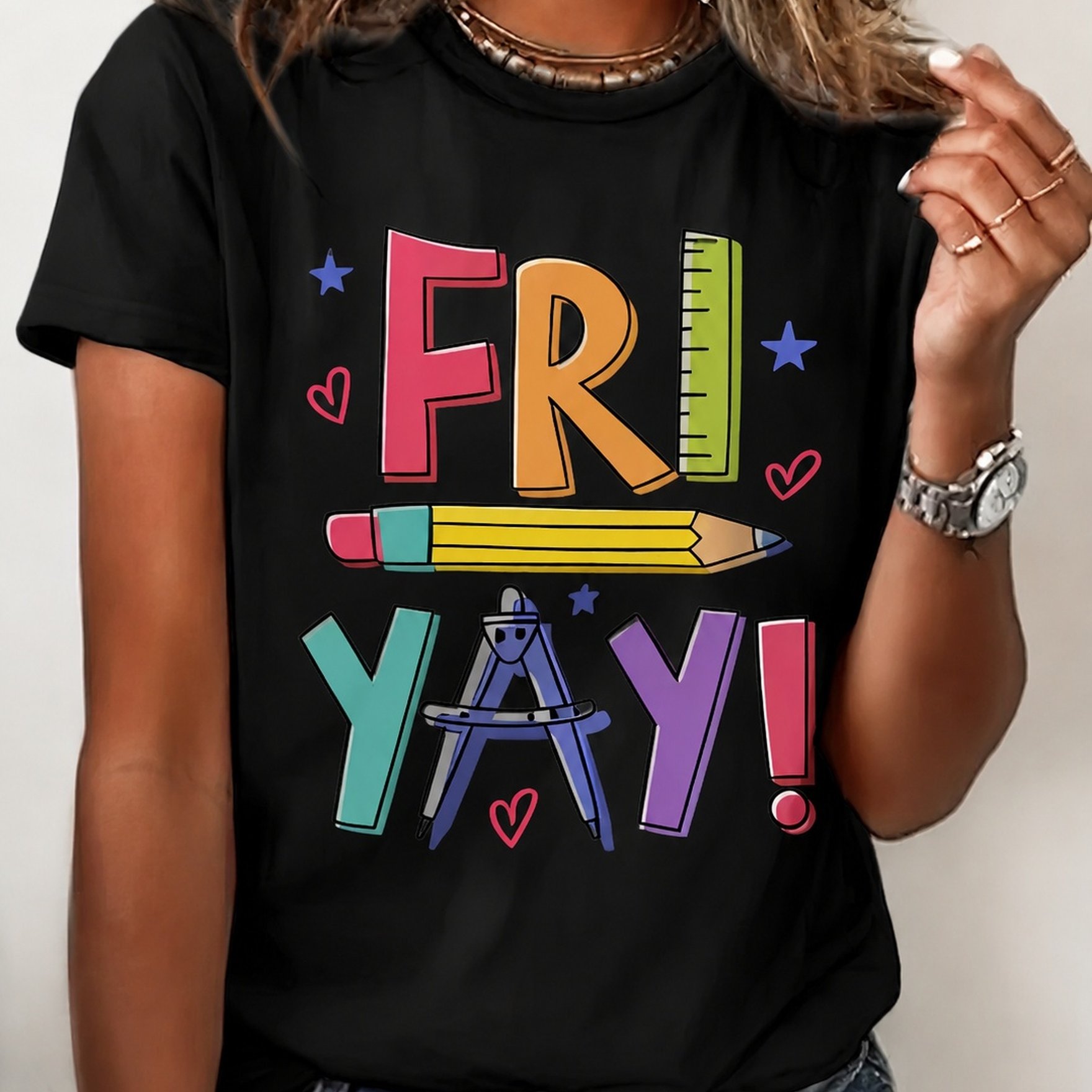 TEMU T-shirt graphique FRI YAY Fournitures scolaires pour enseignants avec imprimée