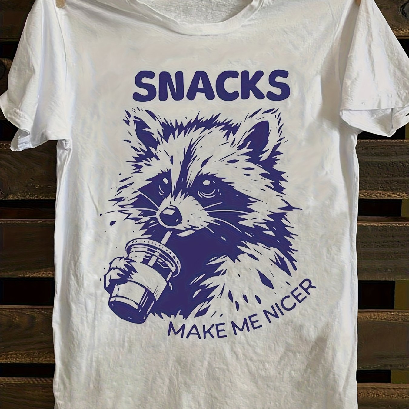 TEMU T-shirt adorable "Amoureux des snacks" avec raton laveur – T-shirt blanc à manches courtes et col rond, style été, et décontracté, coupe relax |