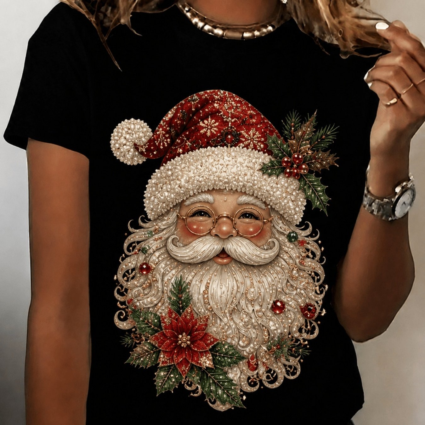 TEMU T-shirt luxueux à motif Père Noël style , haut de Noël pour femme, cadeau de fêtes, haut imprimé, mode de rue décontractée pour femme