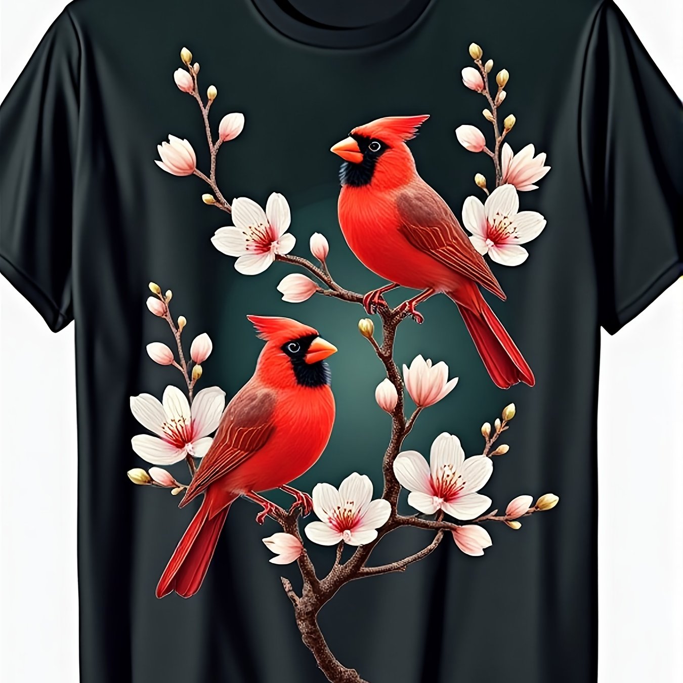 TEMU T-shirt imprimé cardinal vibrant (oiseaux rouges et accents floraux) – T-shirt noir à manches courtes et col rond, style été, décontracté de la