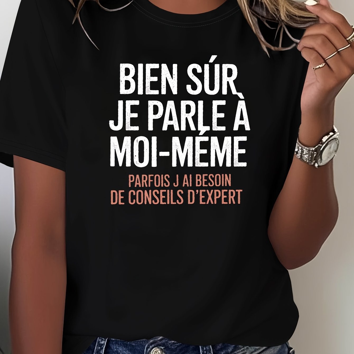TEMU Unisex Casual Statement T-shirt (french Text Design) – Black Short-sleeve Crew Neck Summer Style, Trendy Essential, Relaxed Fit | T-shirt |