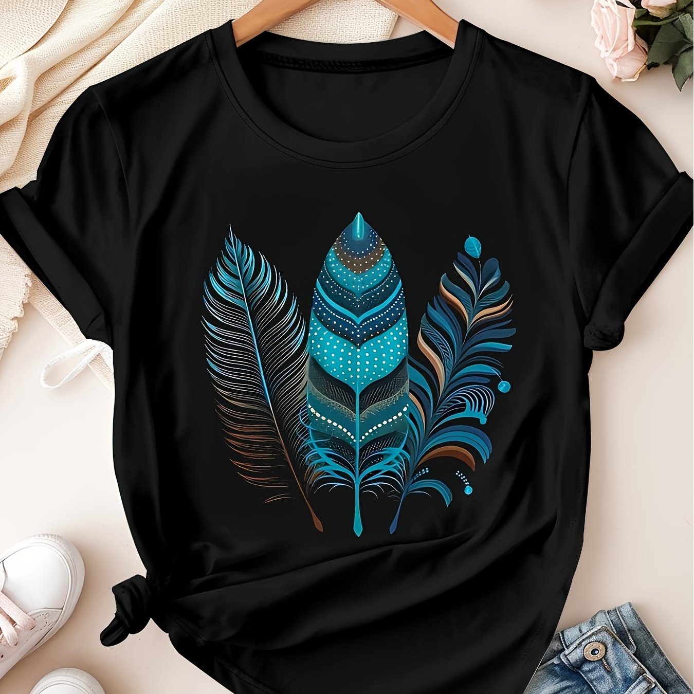 TEMU T-shirt à manches courtes pour femmes avec un design géométrique pop art , fabriqué dans un tissu doux et respirant pour un coupe décontractée,