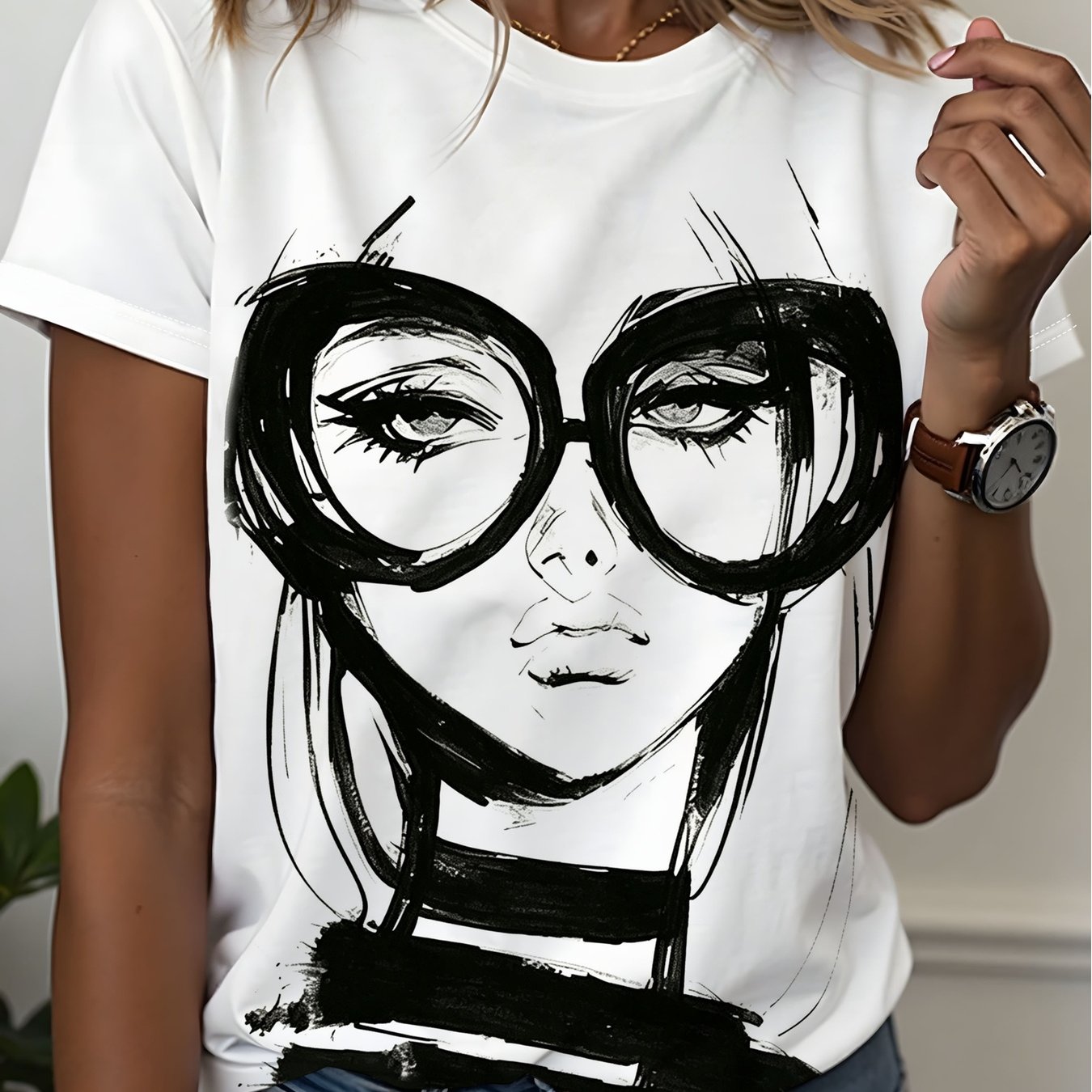 TEMU Style Abstract Person With Glasses Print T-shirt 's And White Hand-drawn Effect Design Loose Versatile Comfortable Casual Athletic Round Neck