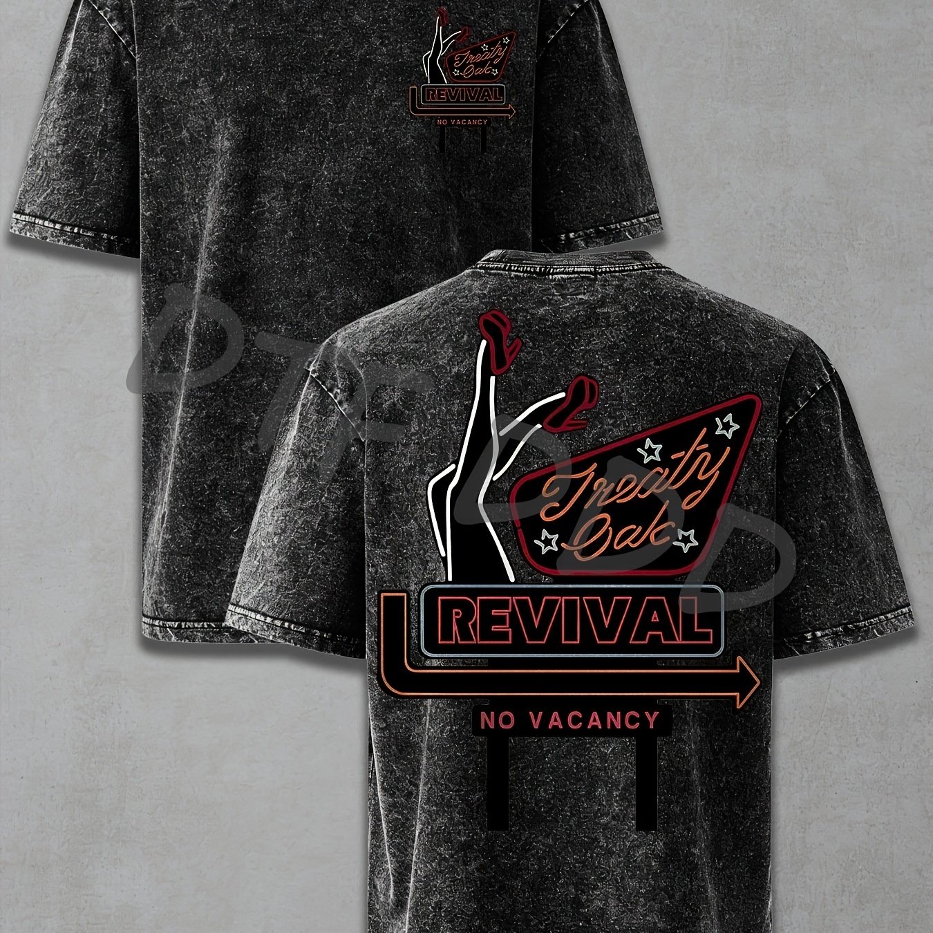TEMU T-shirt délavé Homme, imprimé enseigne Revival Oak, vintage délavé, rétro, usé, Y2K, streetwear, hip hop, haut d'été décontracté