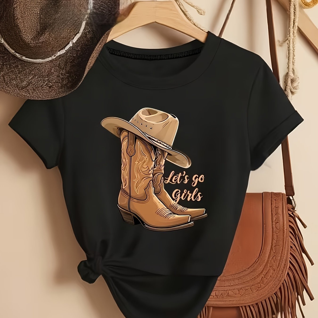 TEMU T-shirt graphique « Go Girls » Cowgirl, cadeau pour les amateurs de style western, haut décontracté de tous qui se démarque