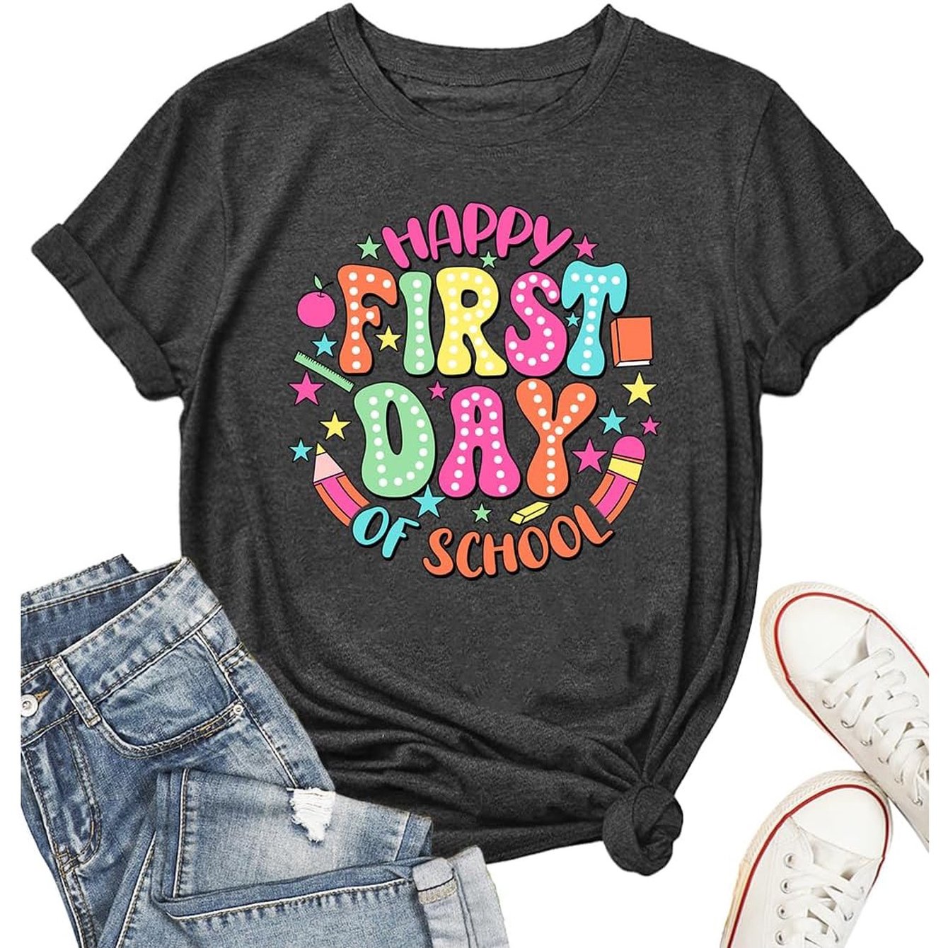 TEMU T-shirt unisexe amusant et coloré (motif « d'école joyeux ») – Style rentrée scolaire à manches courtes et col ras du cou couleur charbon de