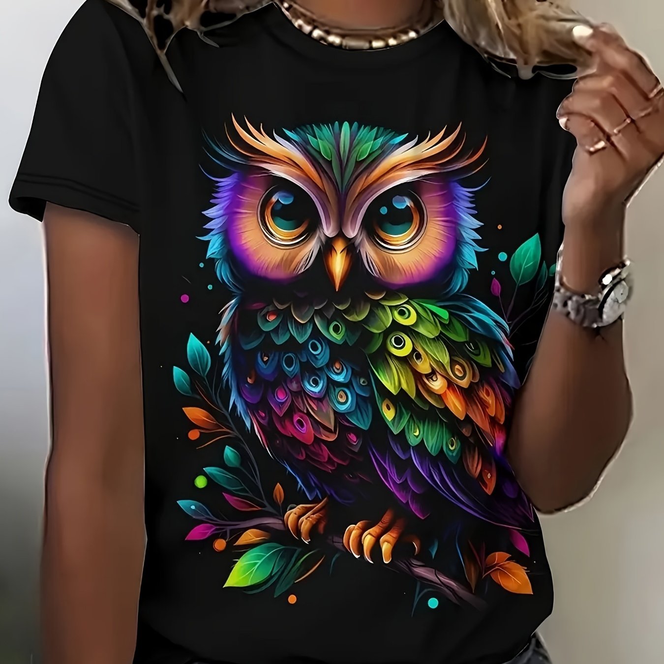 TEMU T-shirt Art Vibrant – Design Imprimé Coloré sur T-shirt Noir à Manches Courtes et Col Rond, Style d'Été Parfait, Décontracté Unisexe, Coupe