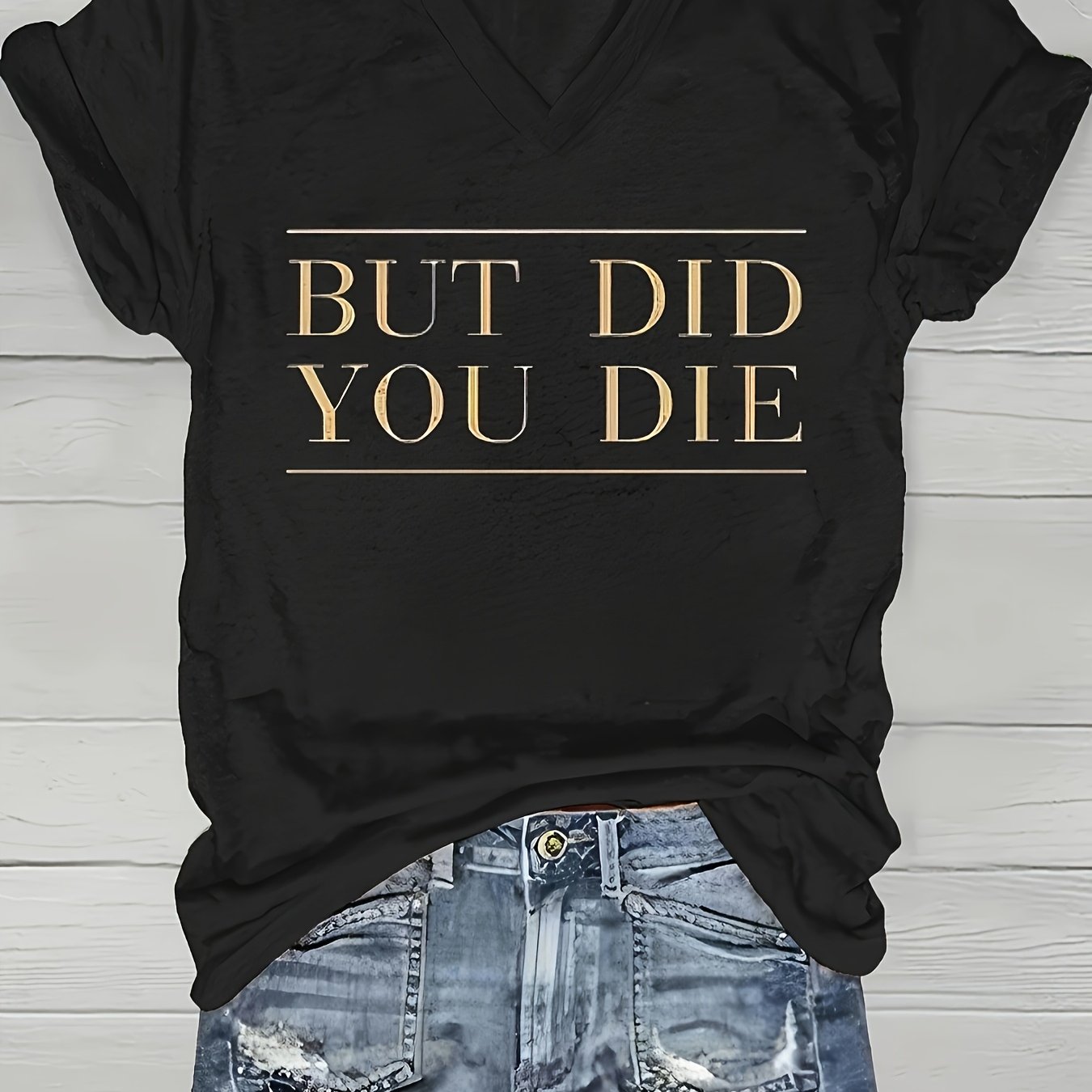 TEMU Alphabet Print V-neck T-shirt Short-sleeved Casual Women's Tops Suitable For Summer And Spring Women's Clothing Seasonal Fashion Retro Design