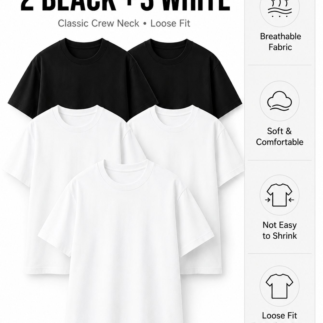 TEMU Men's 5 Pack Shirts, 2 Black 3 White Solid Color Short Sleeve Crew Neck Tees, Plain Casual Tops For Everyday Wear And Easy Styling