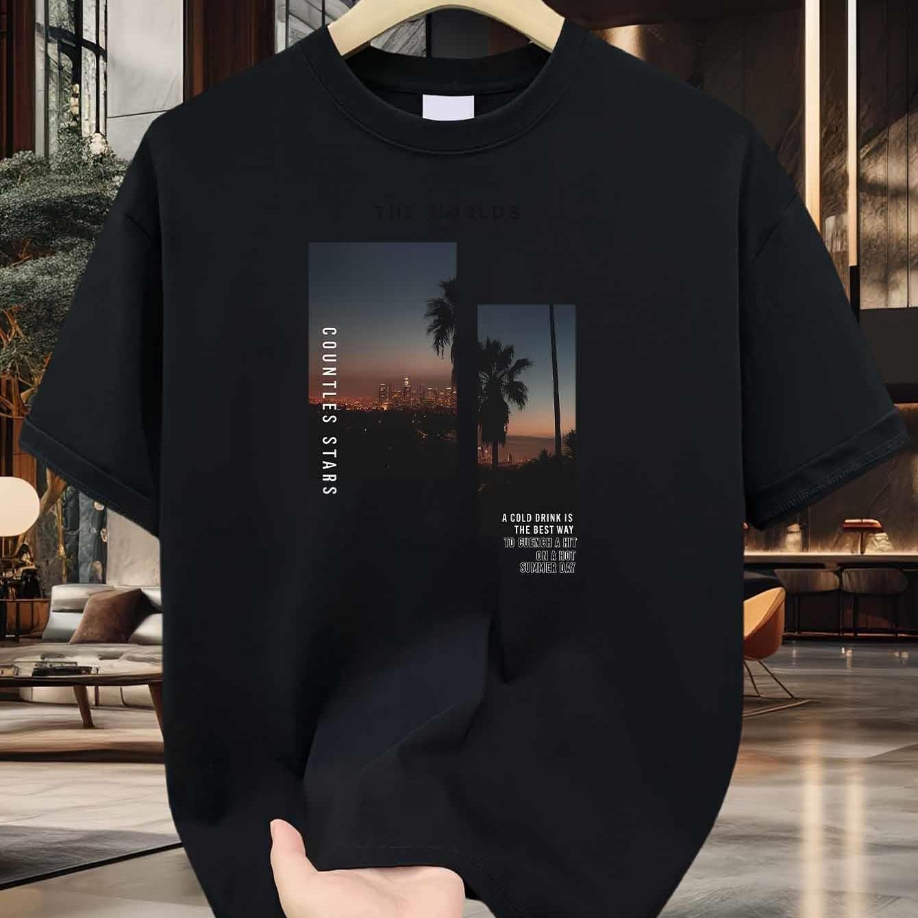 TEMU Unisex Urban Inspirational T-shirt (countless Stars And City ) – Black Short-sleeve Crew Neck , Trendy Essential, Relaxed Fit | Nighttime Vibes