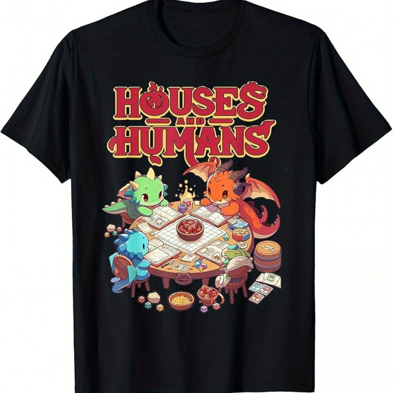 TEMU Creative Fantasy-themed T-shirt (dragons Playing Tabletop Games) – Black Short-sleeve Crew Neck Style, Graphic Design, Fun Casual Essential,