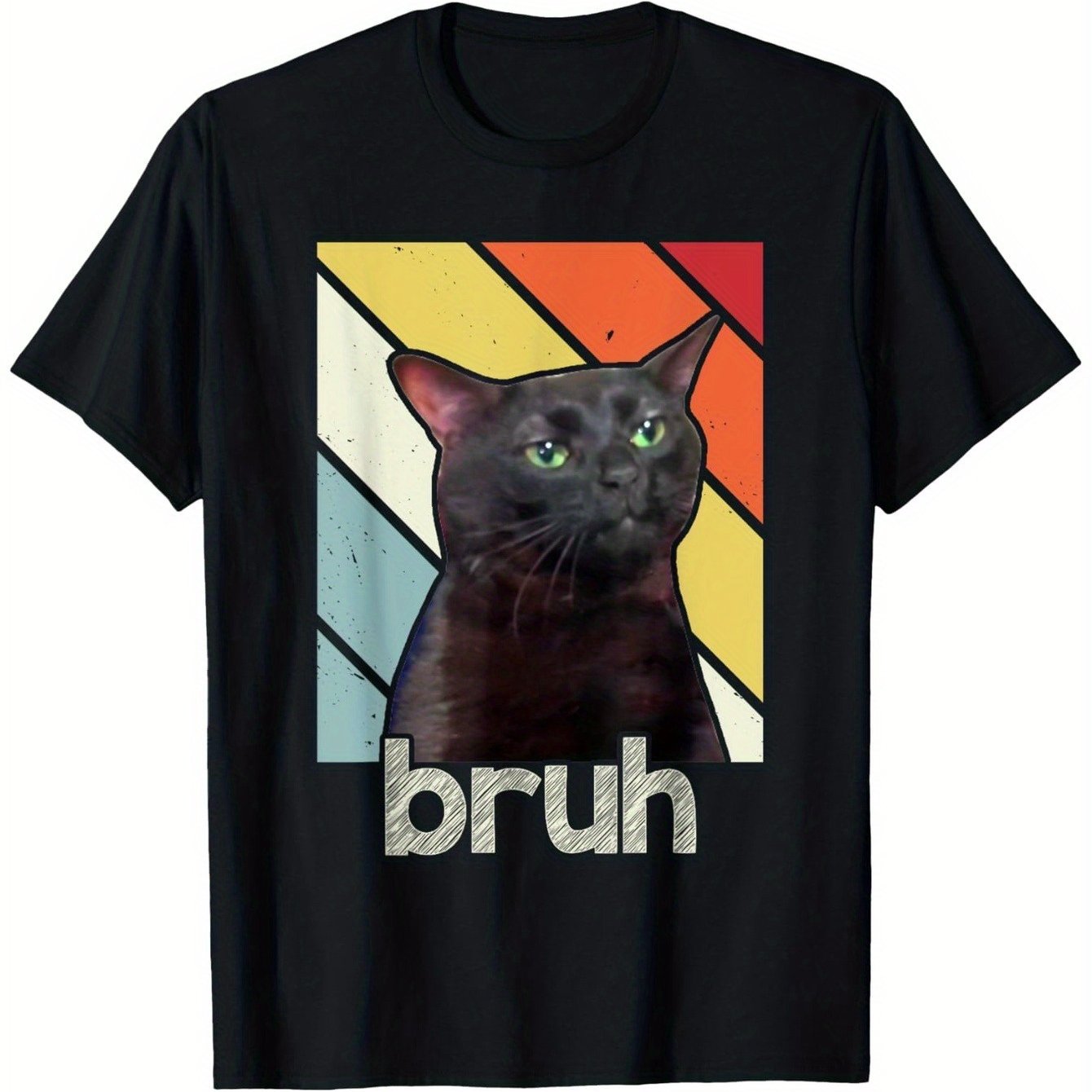 TEMU T-shirt Cadeau Vintage Rétro Bruh Chat Mème Graphique pour Amoureux des Chats et Fans de Mèmes