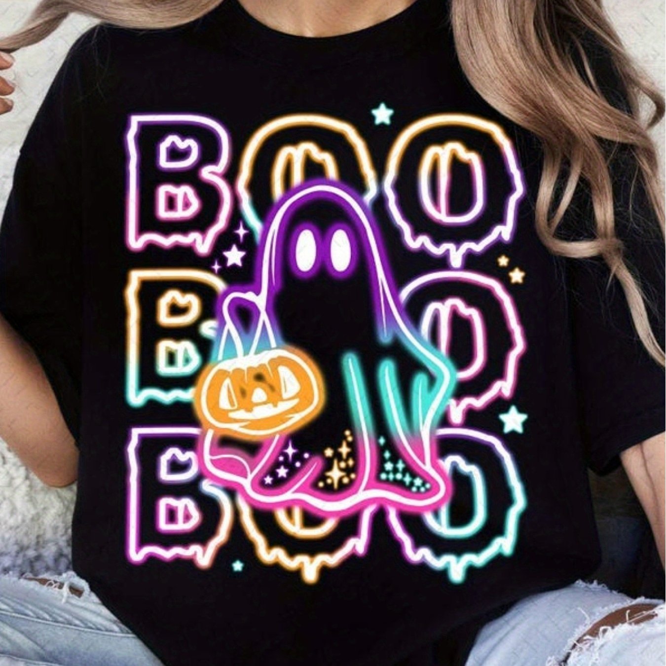TEMU Haut unisexe d'Halloween avec bonbons, citrouille, panier, chauve-souris, étoile, col ras du cou, manches courtes, décontracté, d'été,