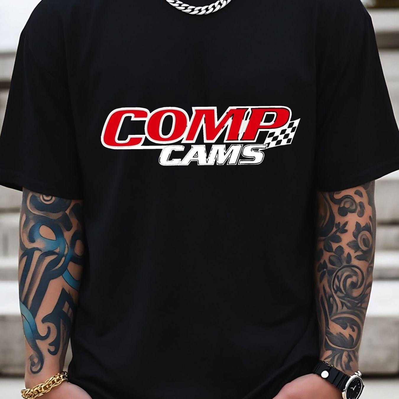 TEMU Oversized Printed T Shirt Men S Black Casual Oversized T Shirt _comp Cams_ Red And White Featuring Checkered Flag Details Loose Fit For Everyday